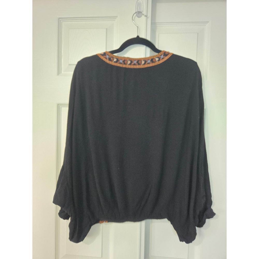 Free People M Black Crescent Moon Embroidered Gauze Top Boho V-Neck Long Sleeve - Picture 4 of 8
